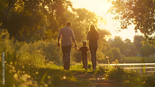 Fototapeta Naklejka Na Ścianę i Meble -  Happy family in the park sunset light family on weekend running together in the meadow with river Parents hold the child handshealth life insurance plan concept : Generative AI