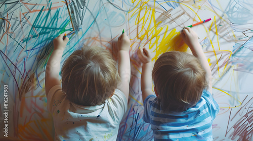 Young siblings kids drawing with crayon color on wall by looking at camera at home  concept of mischief troublesome children and childhood lifestyles : Generative AI