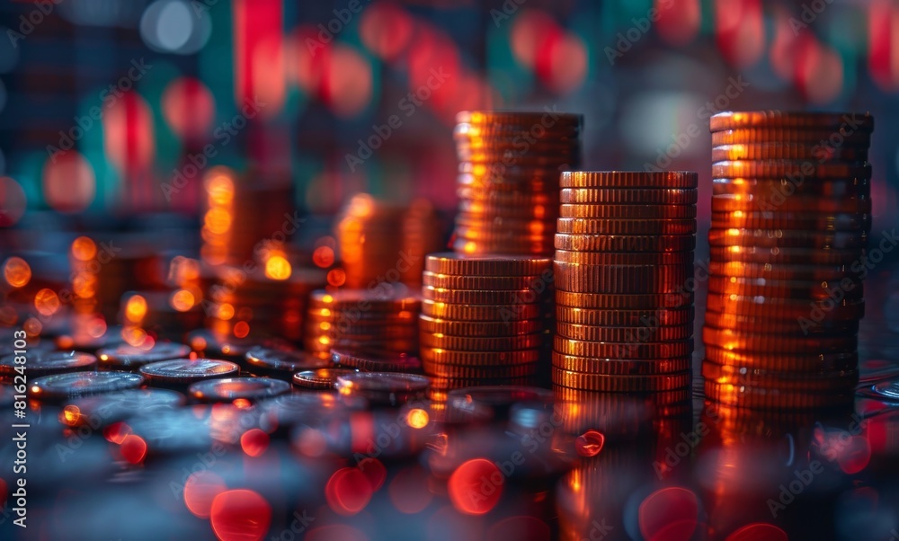 High-resolution photo of stacks of coins with a digital background and rising arrow graph on a city business background High-resolution photo of stacks of coins with a digital background and rising arrow graph on a city business background