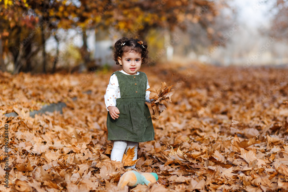 Adorable child standing, picking leaves, surrounded by seasonal beauty
