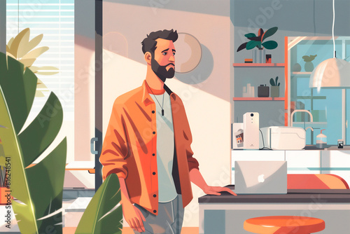 Illustration casually dressed person in modern kitchen room all bathed in natural light creating cozy ambiance.