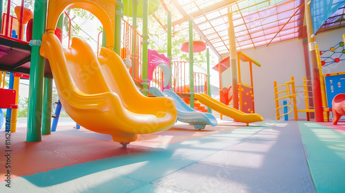 Children playground in the building activities for kids play indoor with sunlight on sunny day Animal stool children run kids home and slide on modern playground Hobbies childhood conc : Generative AI