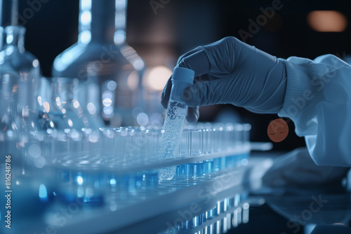 Man hand in latex glove holding test tube with clear liquid in chemical laboratory of scientific research