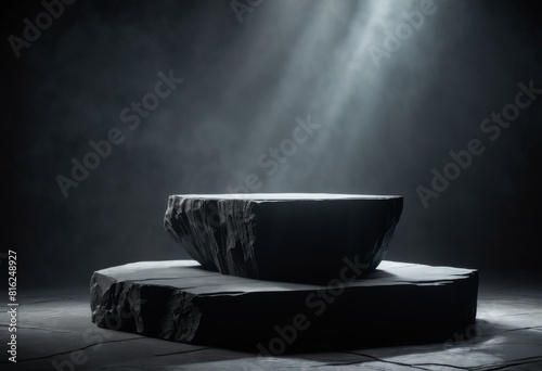 Product background, black stone podium on dark background with fog. Mock up template for product presentation