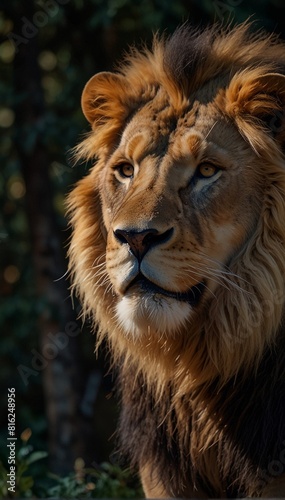 a close up of a lion standing in a forest with a dark background  king of the jungle  fire lion  with the mane of a lion  lion warrior  2 d full body lion  lord of the jungle  aslan the lion  lion bod