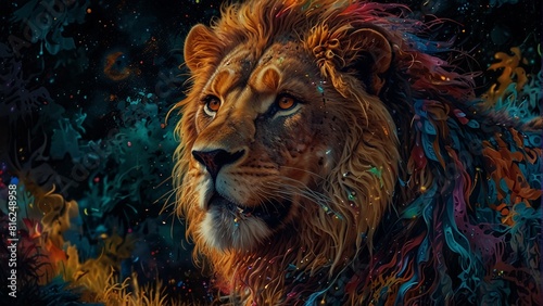 a close up of a lion standing in a forest with a dark background  king of the jungle  fire lion  with the mane of a lion  lion warrior  2 d full body lion  lord of the jungle  aslan the lion  lion bod