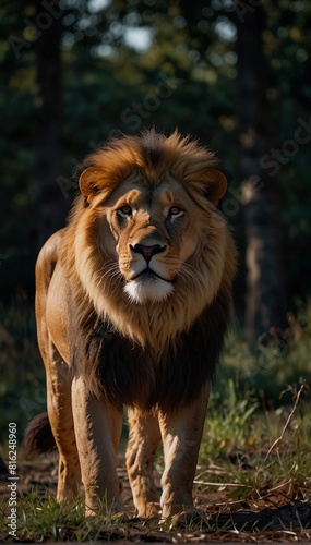 a close up of a lion standing in a forest with a dark background  king of the jungle  fire lion  with the mane of a lion  lion warrior  2 d full body lion  lord of the jungle  aslan the lion  lion bod