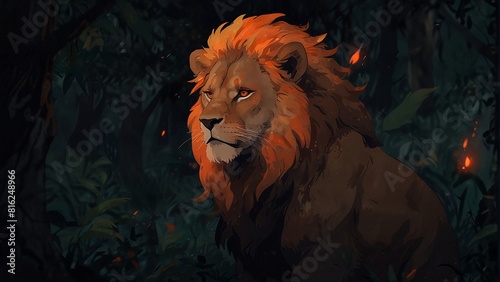 a close up of a lion standing in a forest with a dark background, king of the jungle, fire lion, with the mane of a lion, lion warrior, 2 d full body lion, lord of the jungle, aslan the lion, lion bod photo