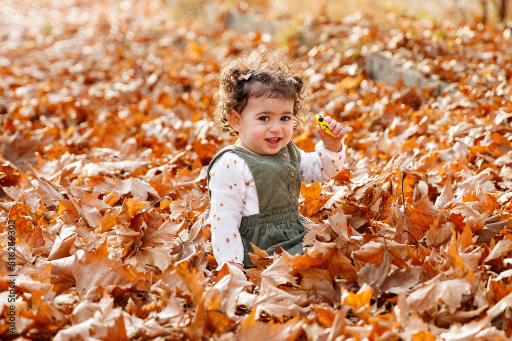 Childhood and fall. A child sits among a myriad of fallen leaves and holding her car toy Childhood and fall. A child sits among a myriad of fallen leaves and holding her car toy