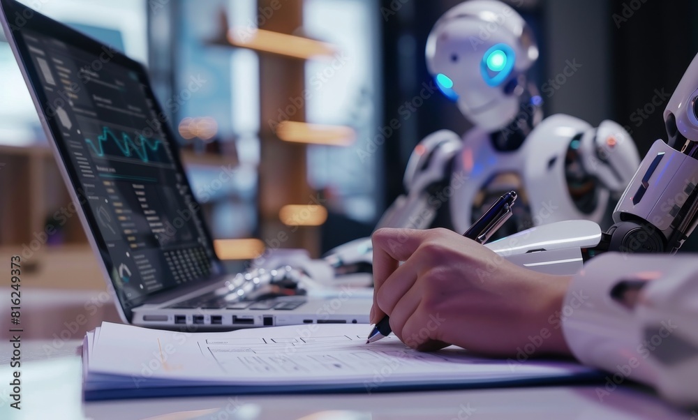 Photo of a human hand writing on paper with an AI robot using a laptop in the background, with a purple color scheme, at a white desk, with high resolution Photo of a human hand writing on paper with an AI robot using a laptop in the background, with a purple color scheme, at a white desk, with high resolution
