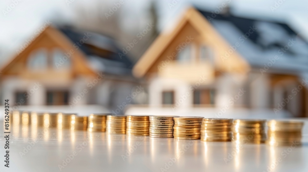 Stacks of golden coins with blurred background of two wooden houses Stacks of golden coins with blurred background of two wooden houses