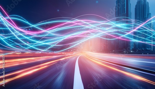 network data transfer concept with an abstract futuristic setting with a beautiful mix of colors and glowing neon moving with high-speed wave lines and bokeh lights.
