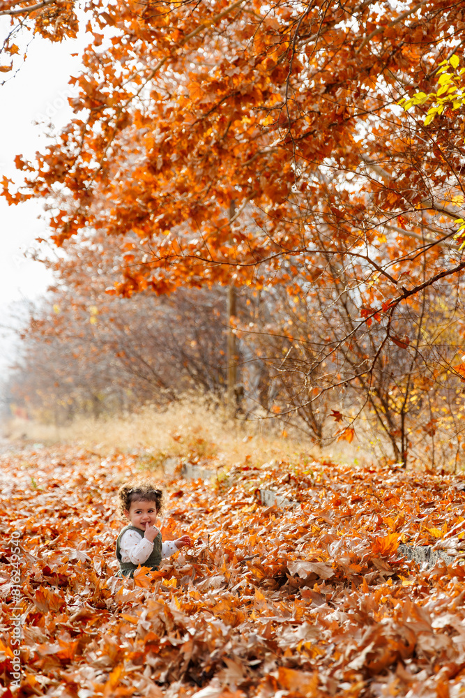 Child's joy in autumn playing among colorful leaves on a serene fall day