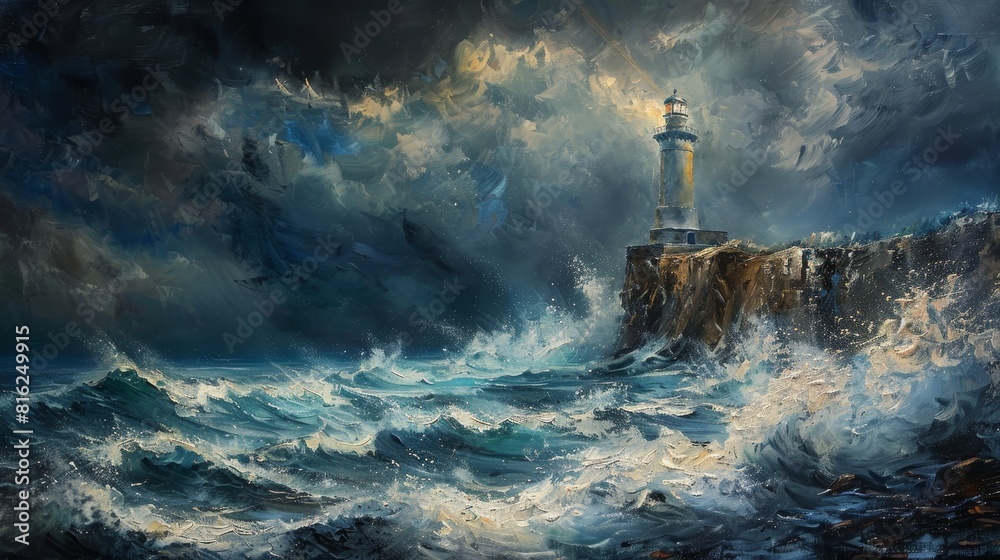 Fototapeta premium A dramatic stormy seascape, waves crashing against rugged cliffs