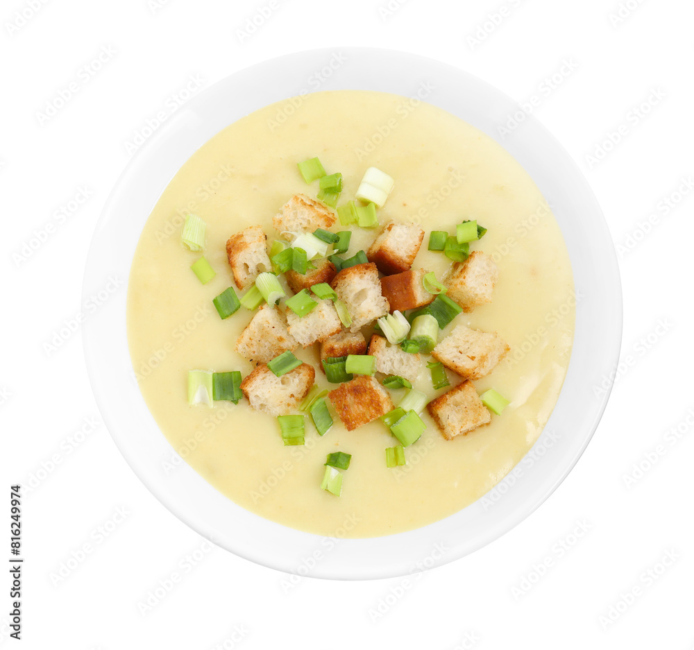 Tasty potato soup with croutons and green onion in bowl isolated on white, top view Tasty potato soup with croutons and green onion in bowl isolated on white, top view