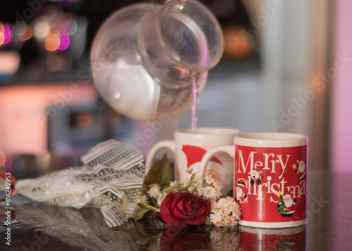 Cups christmas, serving hot tea or water in Christmas mugs