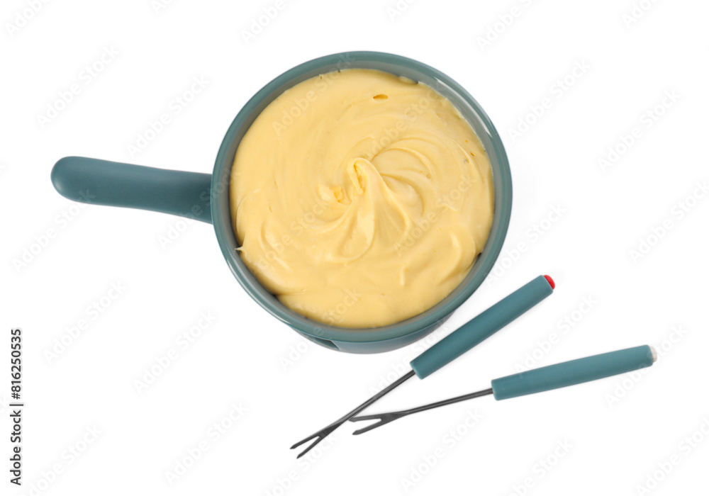 Fondue with tasty melted cheese and forks isolated on white, top view Fondue with tasty melted cheese and forks isolated on white, top view