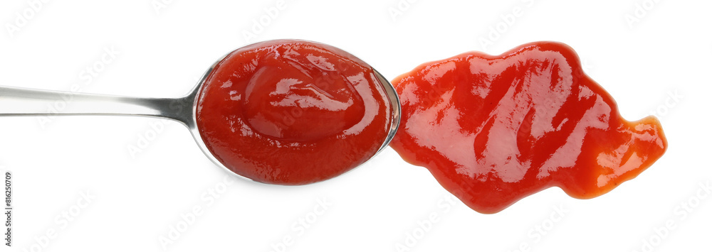 Tasty ketchup with spoon isolated on white, top view. Tomato sauce Tasty ketchup with spoon isolated on white, top view. Tomato sauce