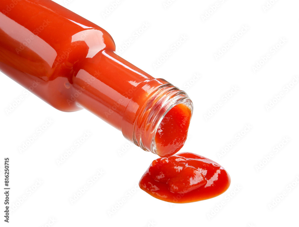 Pouring tasty ketchup from bottle isolated on white. Tomato sauce Pouring tasty ketchup from bottle isolated on white. Tomato sauce