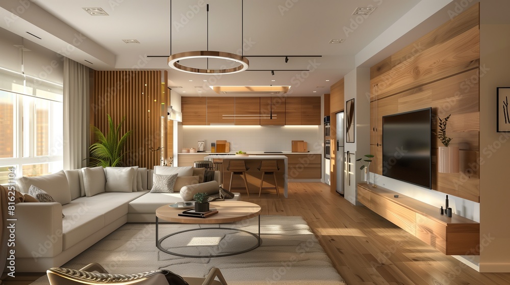 modern apartment living room with the kitchen. 3D