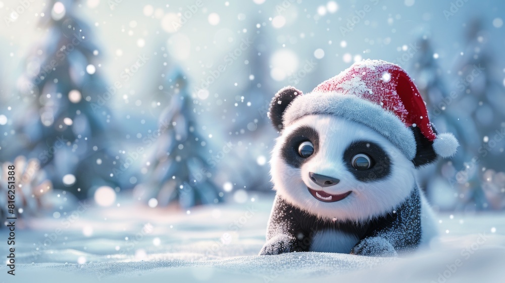 Cute panda with Christmas cap in snow field in winter. 3D illustration. Cute panda with Christmas cap in snow field in winter. 3D illustration.