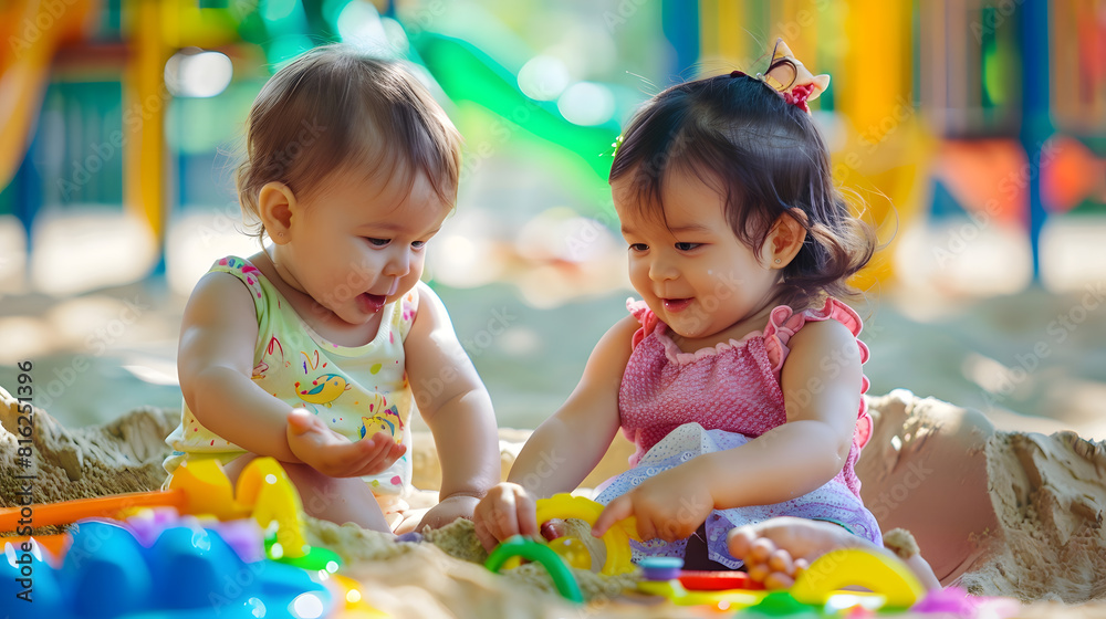 Happy childhood Two cute Caucasian and hispanic latin babies children sitting in sandbox playing with plastic colorful toys Little girls friends having fun together on playground : Generative AI Happy childhood Two cute Caucasian and hispanic latin babies children sitting in sandbox playing with plastic colorful toys Little girls friends having fun together on playground : Generative AI