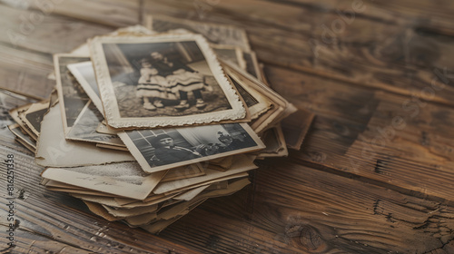 stack of old vintage monochrome photographs 1950 on photographic paper on natural wood background concept of genealogy memory of ancestors family tree nostalgia childhood remembering : Generative AI