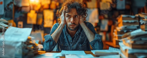 Stressed man surrounded by paper clutter at desk photo