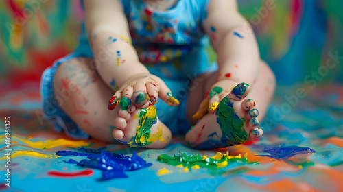 Artistic child Colorful childhood creative baby girl Early children education Creativity concept Little baby painting on doll Baby child draws with colored paints hands dirty feet and  : Generative AI photo