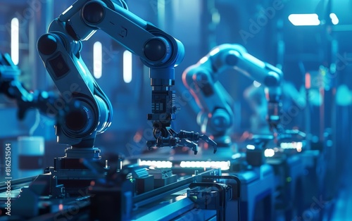 Photo of an industrial robot with two arms working on the production line in dark blue lighting, 3D rendering