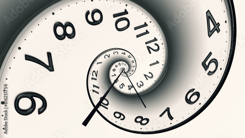 Infinity and other time related concepts, banner design. White clock face twisted in spiral, fractal pattern