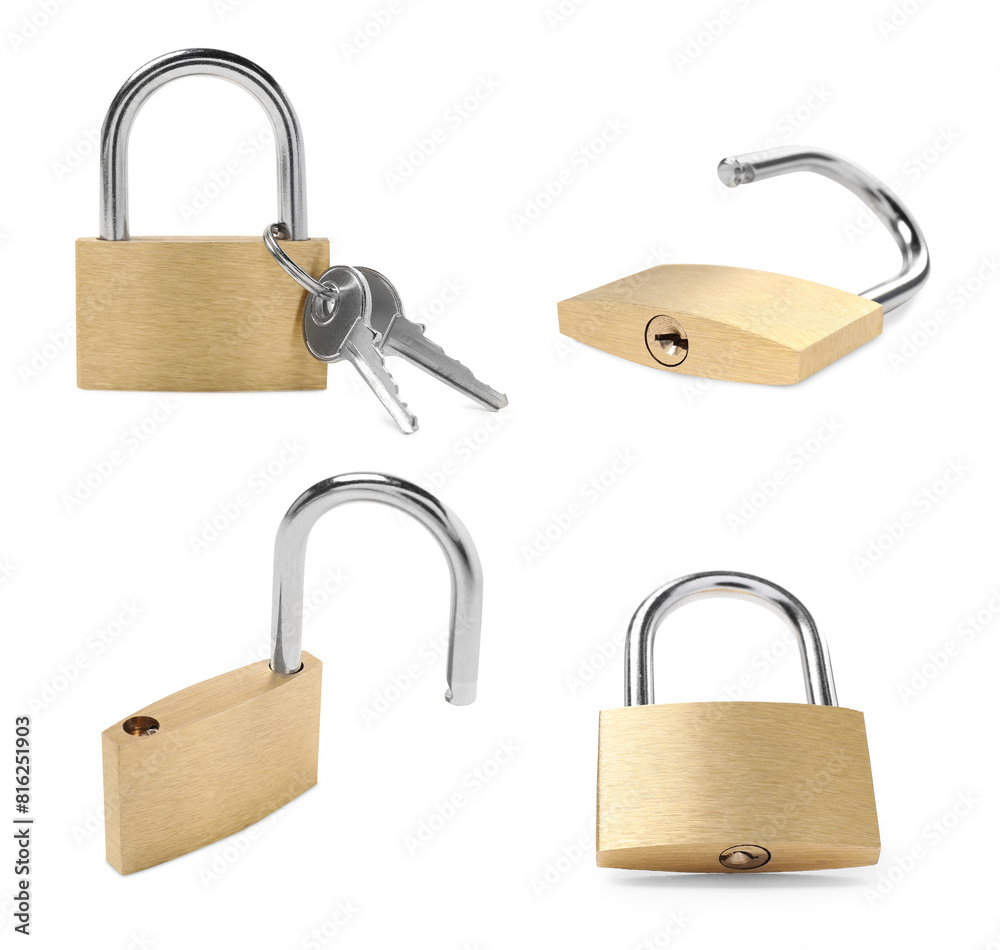 Steel padlock isolated on white, different sides. Set Steel padlock isolated on white, different sides. Set