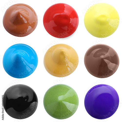 Fototapeta Naklejka Na Ścianę i Meble -  Set with paint blobs of different colors isolated on white, top view