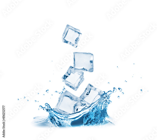 Ice cubes falling into water on white background