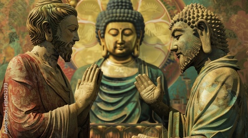 A harmonious exchange between Jesus and Buddha exploring the similarities and differences in their philosophies and teachings realistic © Ahtesham