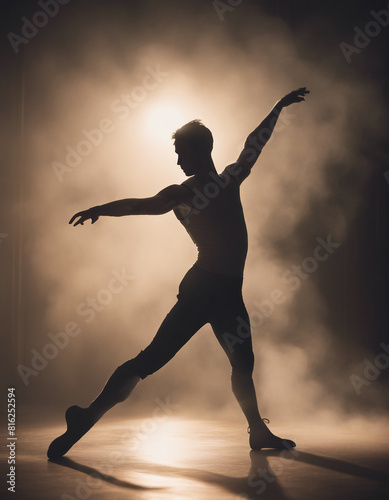silhouette of a male pro ballet dancer in front of spotlights and smoke 