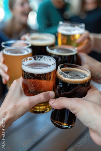 A group of friends raising their beer glasses in a toast. Beer Day celebration