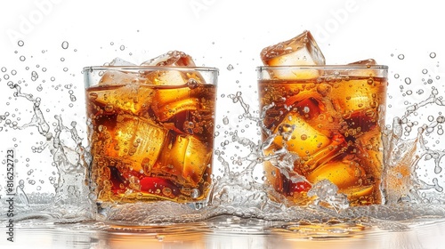 Ice-cold cola drinks with bubbles on a white background