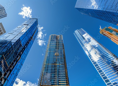 Stunning shot of modern skyscrapers against the blue sky  low angle perspective  stock photo  high resolution photography.