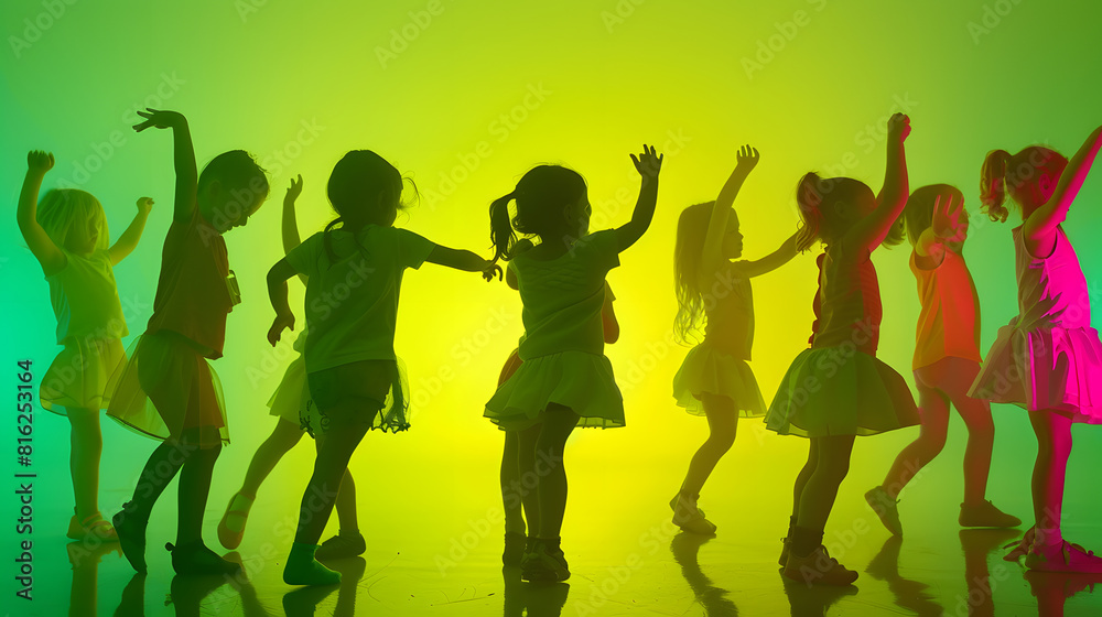 Happy children dancing Group of children little girls in sportive casual style clothes dancing in choreography class isolated on green background in yellow neon light Concept of music : Generative AI Happy children dancing Group of children little girls in sportive casual style clothes dancing in choreography class isolated on green background in yellow neon light Concept of music : Generative AI