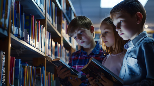 Cute different age pupils two boys and girl looking for books in library at the elementary school Three children standing near bookshelves and reading together at schools library : Generative AI photo