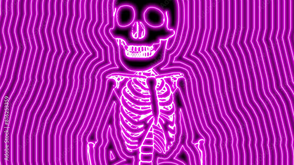 Seamless animation of a walking skeleton isolated with wave effect. Funny halloween background with neon fluorescent effect for parties and events.