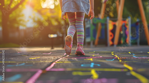 Closeup of chld girl playing jumping hopscotch outdoor Funny activity game for kids on playground outside Summer backyard street sport for children Happy childhood lifestyle Web banner : Generative AI photo