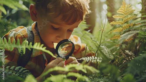 Preschooler boy is exploring nature with magnifying glass Little child is looking on leaf of fern with magnifier Summer vacation for inquisitive kids in forest Hiking Boyscout : Generative AI photo