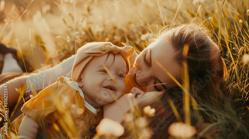 Smiling mother and baby laying on meadow : Generative AI photo
