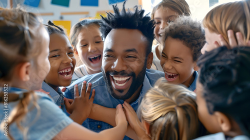Teacher and students greet each other excitedly Elementary school educator smiling at the camera as his class embraces him Group of children celebrate reuniting with their tutor in a p : Generative AI