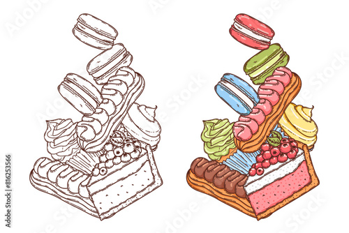 Macaron,  cheesecake, cupcake with glaze icing dessert vector hand drawn coloring page for coloring book. Bake sweet dessert product.