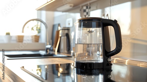 Modern Kitchen Interior Highlighting a Sleek Water Pitcher. Clean and Stylish Design Aesthetics for Home Decor. Perfect for Real Estate Showcases. AI