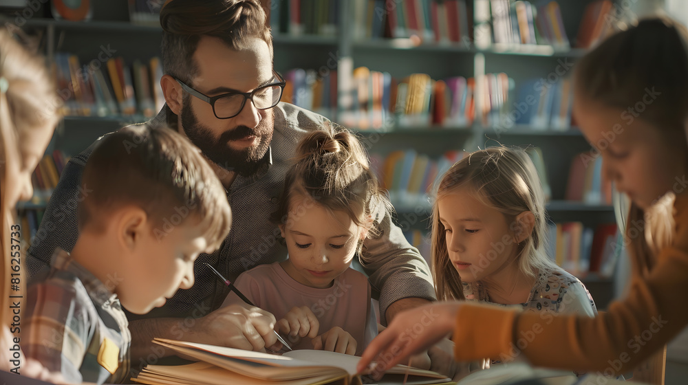 Cute pupils and teacher reading in library at the elementary school : Generative AI Cute pupils and teacher reading in library at the elementary school : Generative AI