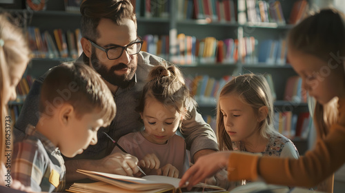 Cute pupils and teacher reading in library at the elementary school : Generative AI